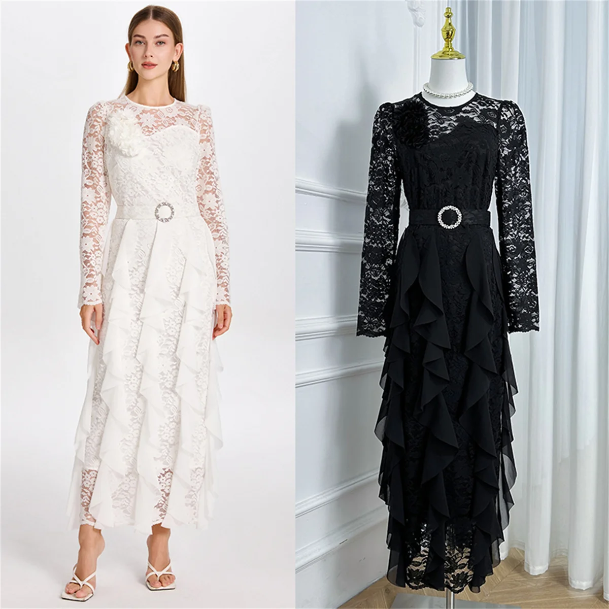 

Белое кружевное длинное платье макси для женщин, осень 2022, однотонное платье с оборками и длинными рукавами, вышитым бисером и поясом, вечернее платье для выпускного вечера