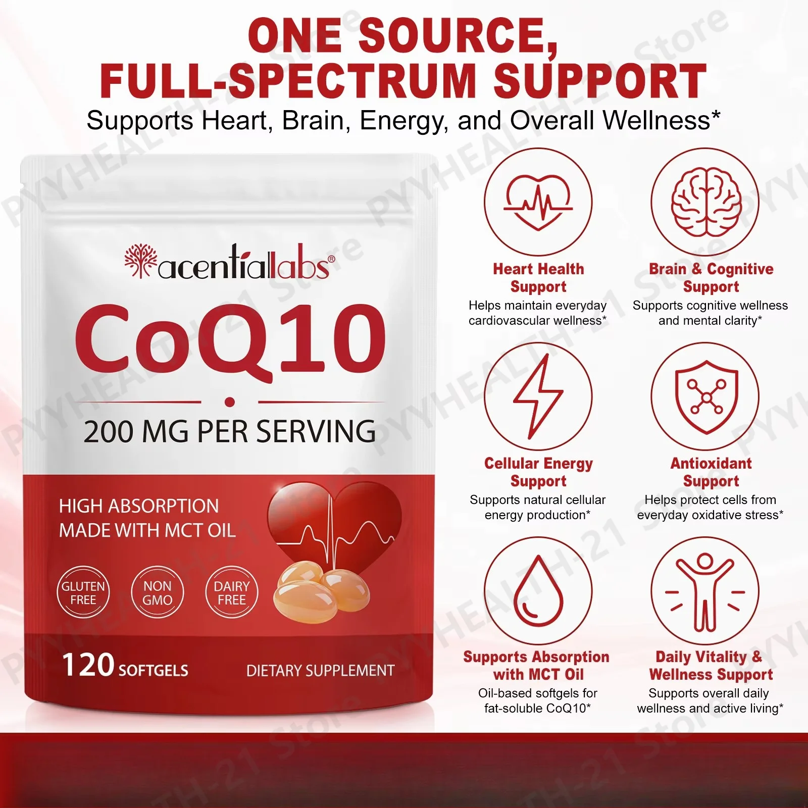CoQ10 Softgels Heart Health Cardiovascular Comfort Boost Immunity Cellular Antioxidant with MCT Oil 120pcs for Adults Over 40