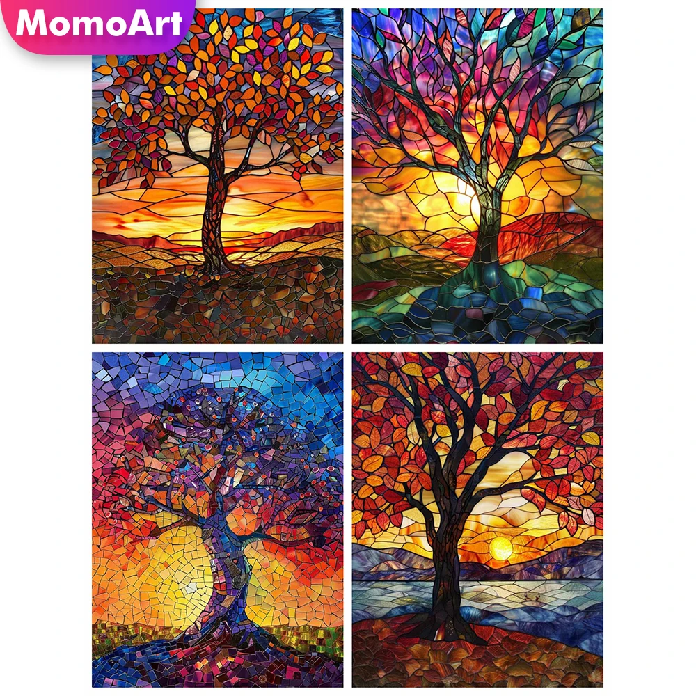 

MomoArt, 4 шт., набор красок для взрослых, дерево, пейзаж, красочные, без рамки, сделай сам, картина маслом по номерам, закат, новые поступления, подарок ручной работы
