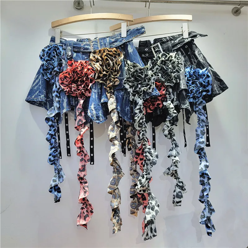 

3D Flowers Decor Irregular Ruched Denim Skirt A-Line Leopard Printed Holes Ribbons Floral Mini Dress with Underwear Cowboy Skirt