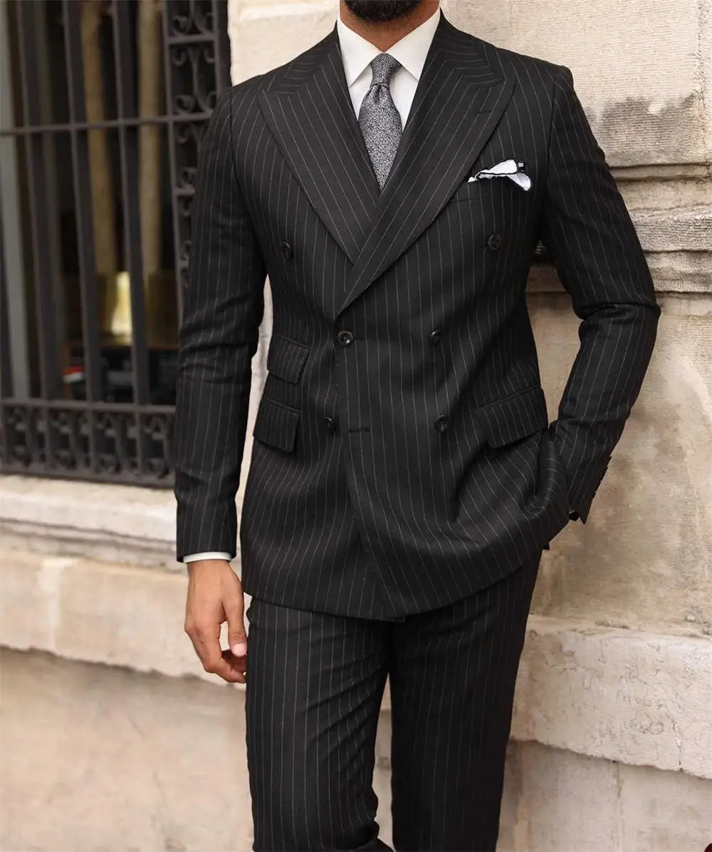 

Black Business Striped Suits 2 Pieces Double Button Peak Lapel Jackets Pants Groom's wedding dress set plus size custom suit
