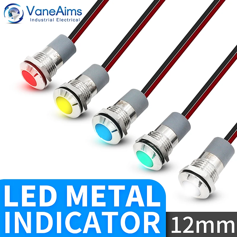 VaneAims 12mm Metal LED Indicator Light Wiring Signal Lamp Waterproof IP67 3V 6V 12V 24V 220V Red Green Yellow White Blue