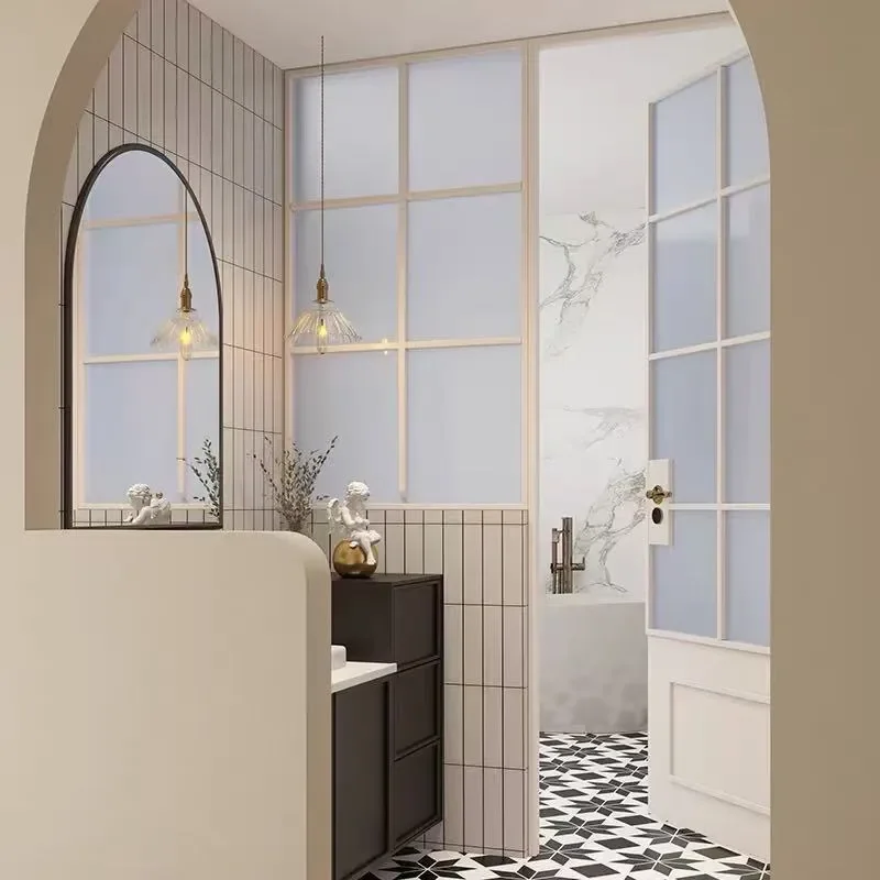 French Retro Style Wrought Iron Bathroom Door with Window Stainless Steel Medieval Design Changhong Glass Toilet Door