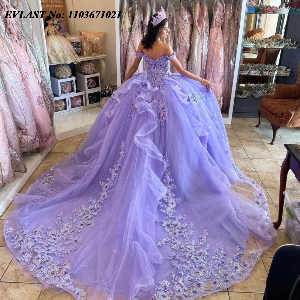 EVLAST Customized Lavender Lilac Quinceanera Dress Ball Gown Sequins Lace Applique Beading Sweet 16 Vestidos De 15 Anos SQ755