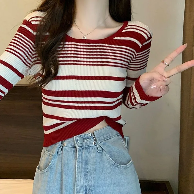 خريف 2025 جديد ريترو التباين مخطط بأكمام طويلة محبوك الطبقات الداخلية قميص قصير المرأة #1