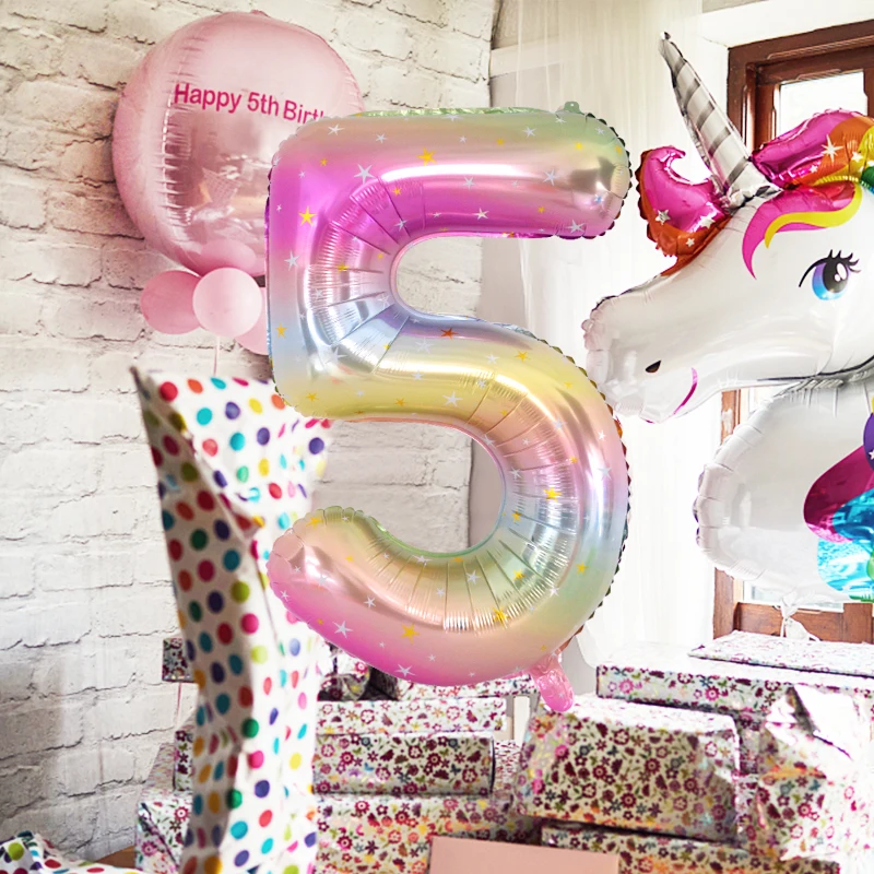 40inch Rainbow Color Number Foil Balloon 0-9 Digit Unicorn Theme Birthday Party Balloon Kids 1st Globos Baby Shower Decoration