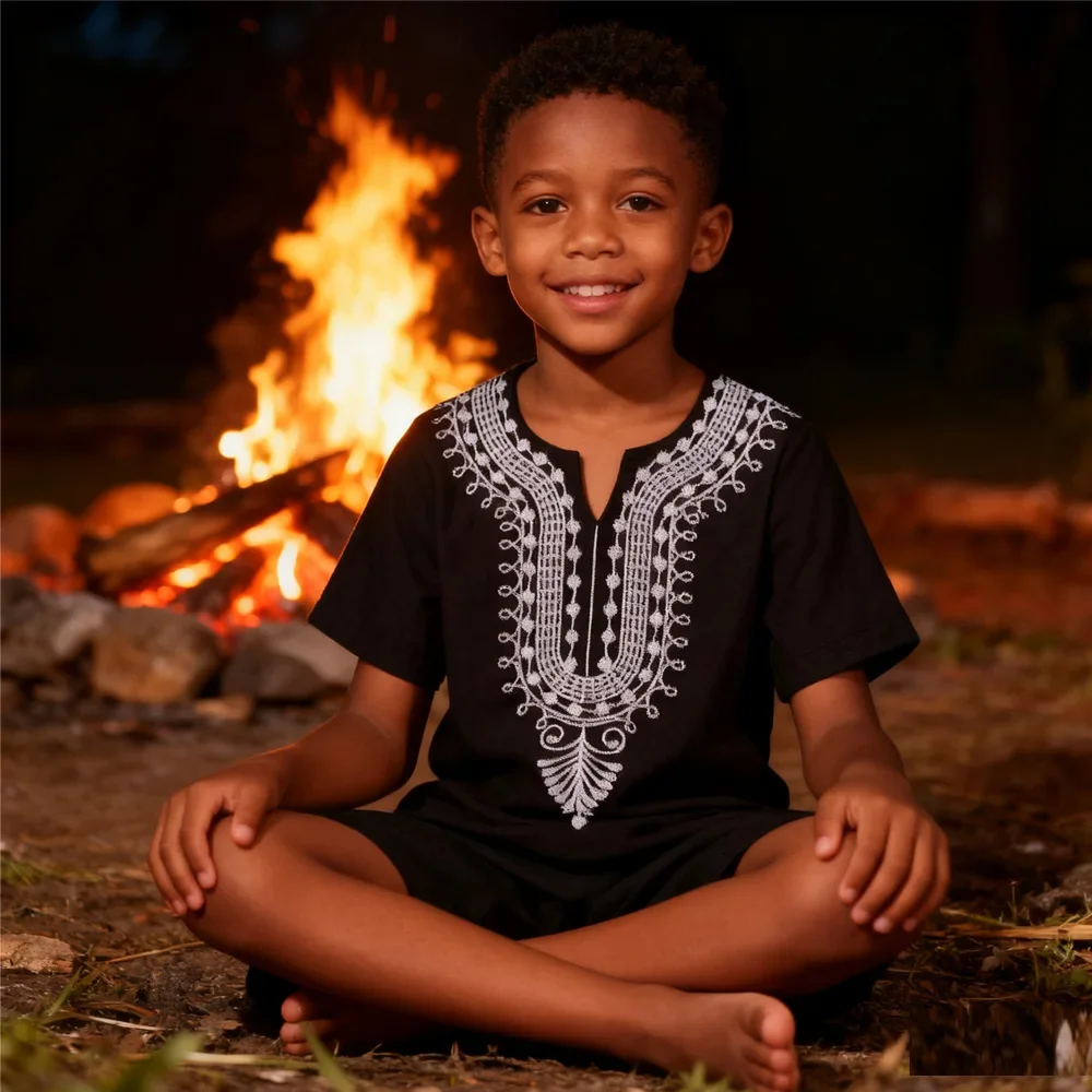 Vintage Ethnic T Shirts for 3-8Y Kids Boy Summer Fashion Short Sleeve Boy's T-Shirts African Embroidery V-Neck Tee Blouse Tops