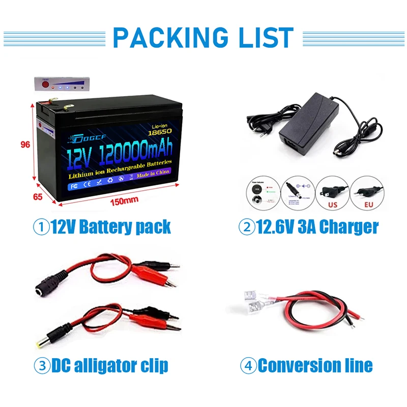 

12V 120Ah lithium 18650 Battery Pack Lithium Iron Phosphate Batteries Built-in BMS For Solar Boat+12.6V Charger