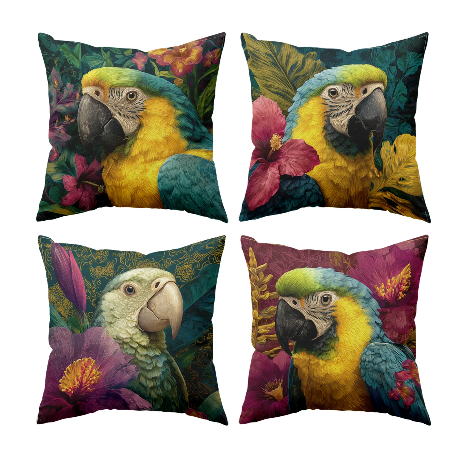 Tropical Parrot Print Cushion Covers Pillowcase 4pcs Macaw Art Throw Pillows Jungle Nature Home Decor Accent 40x40cm