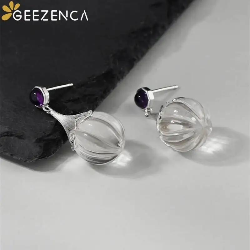 GEEZENCA 925 Silver Natural White Crystal Pumpkin Bead Dangle Earrings For Women Minimalism Chic Water Drop Earring 2023 New