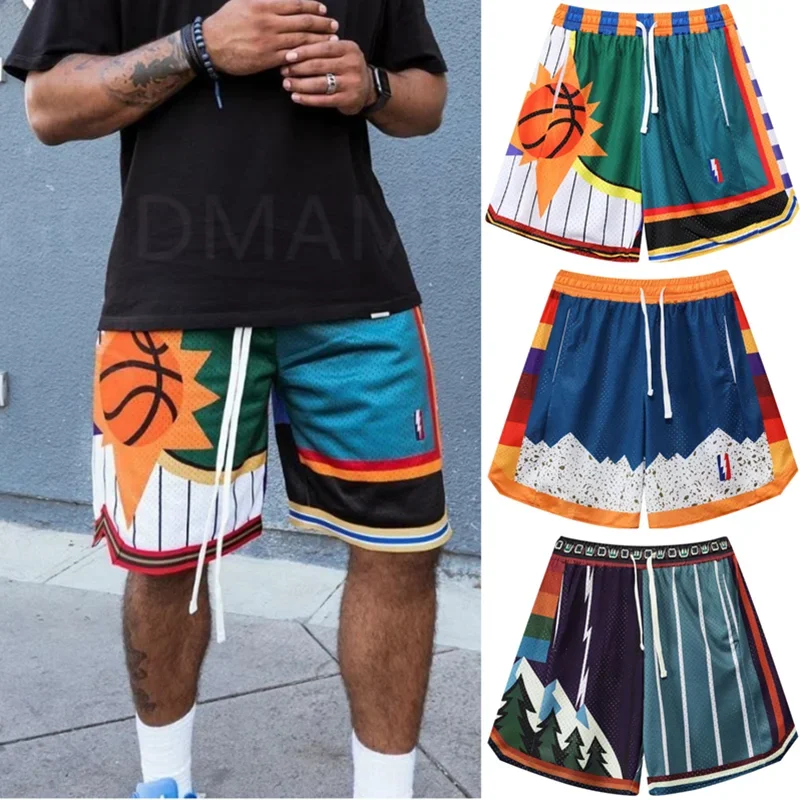 

American basketball shorts for men and women, summer sports and leisure, breathable mesh quarter pants, embroidered patterns bel