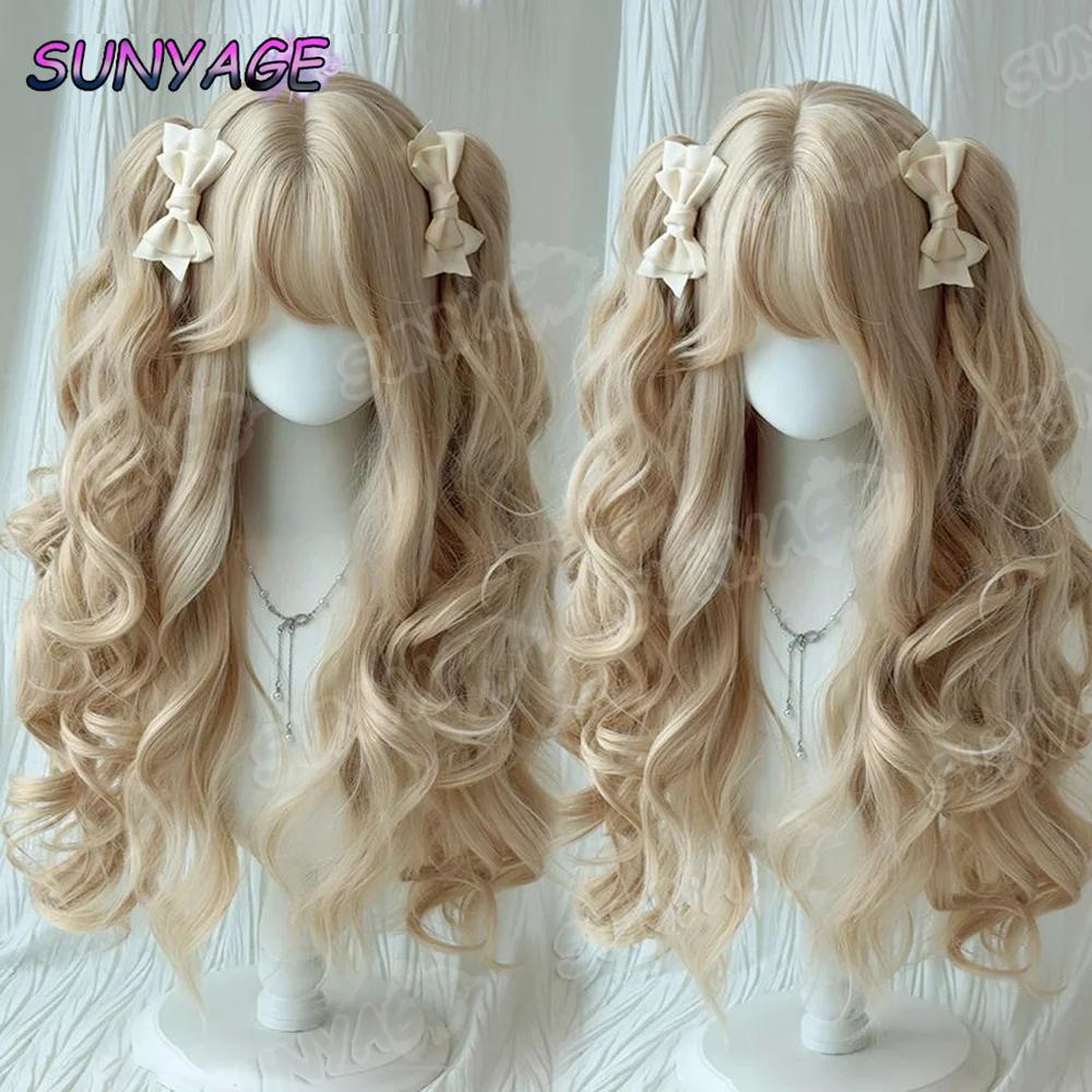 

SUNYAGE synthetic wig women's long curly hair Lolita tiger mouth grab clip double ponytail Roman roll cos big wave wig
