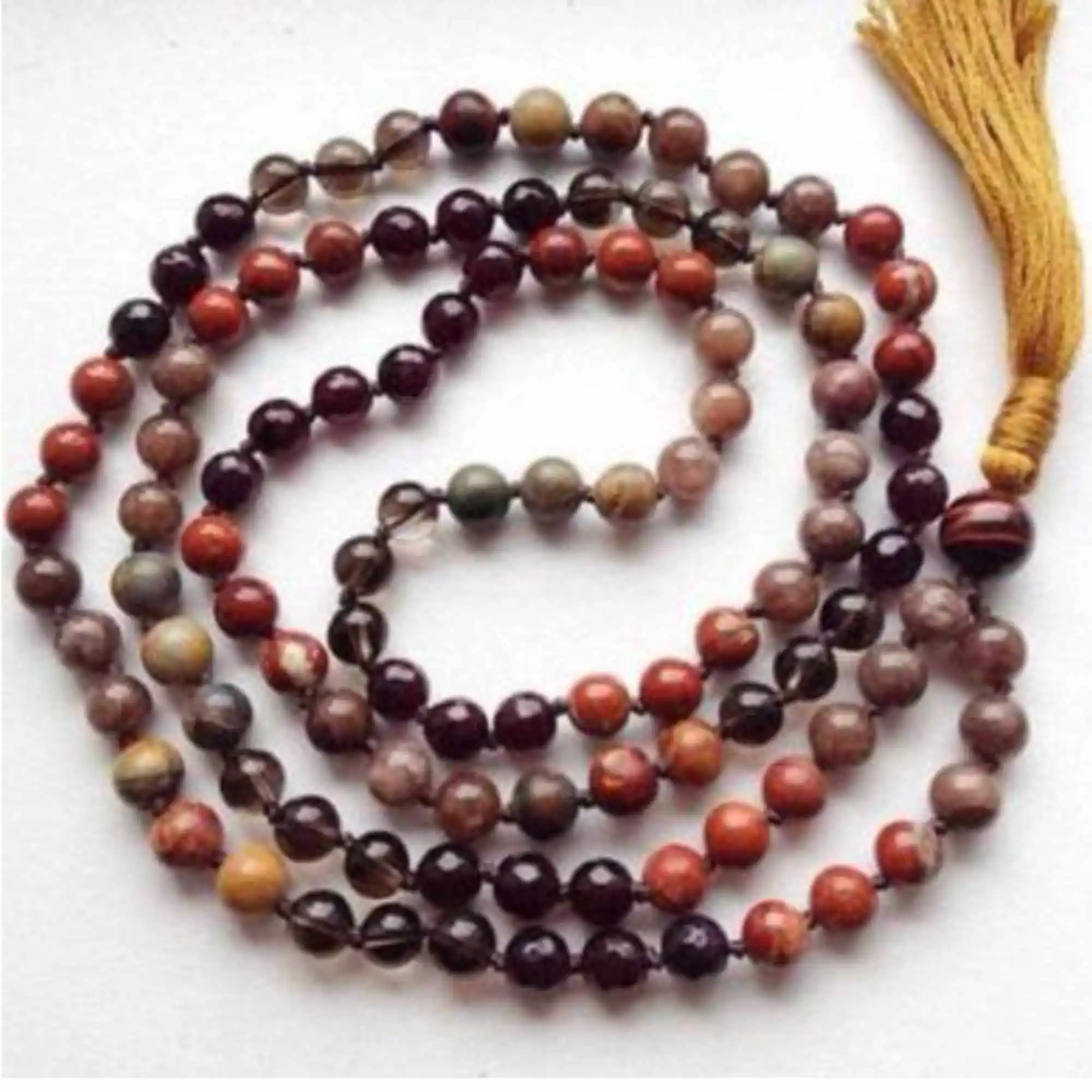 8mm Natural 108 knot garnet citrine beads tassels necklace Prayer Meditation Stone Metal Opera length Men's Chakra Yoga Yoga