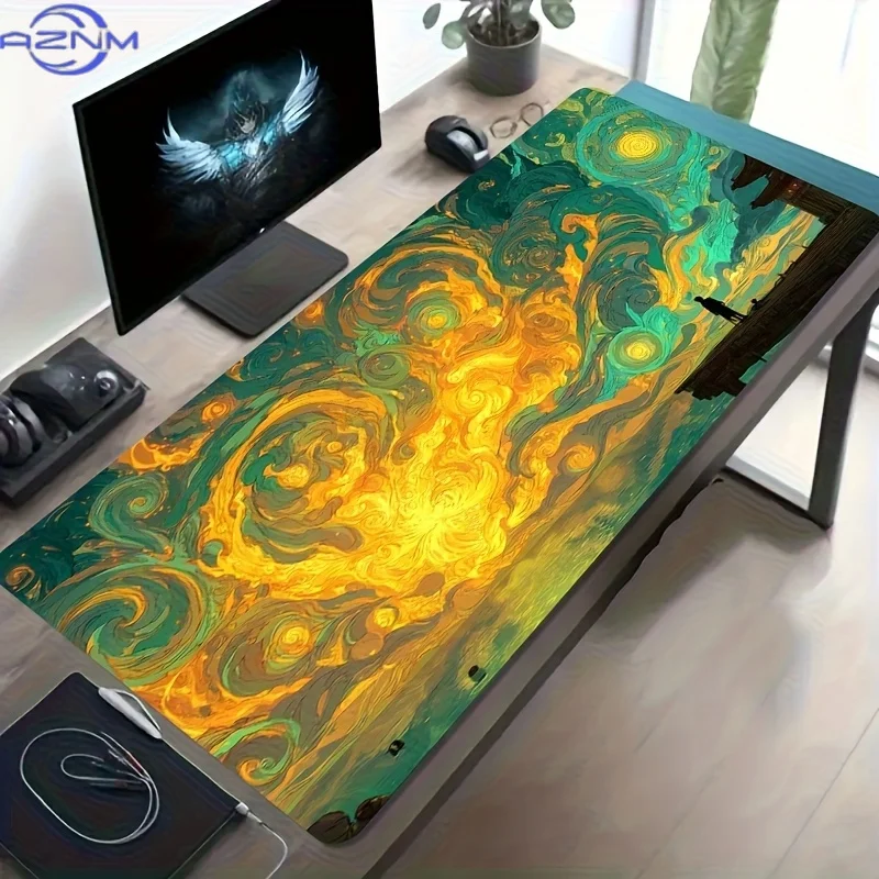 1 Large E-Sports Gaming Mouse Pad, Van Gogh-Style Swirl Cloud Seaside Pier Art Design, Non-Slip Washable Rubber Base, Oversized