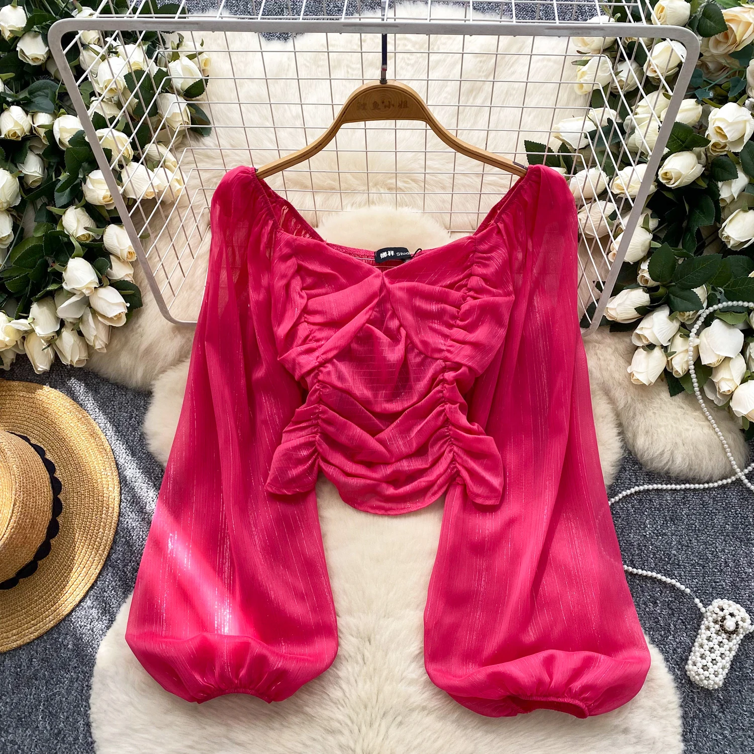 

Chic Long Sleeve Plaid pleated puff sleeve basics Elegant Fashion Sexy Shirt Spring Summer Women Blouse Women