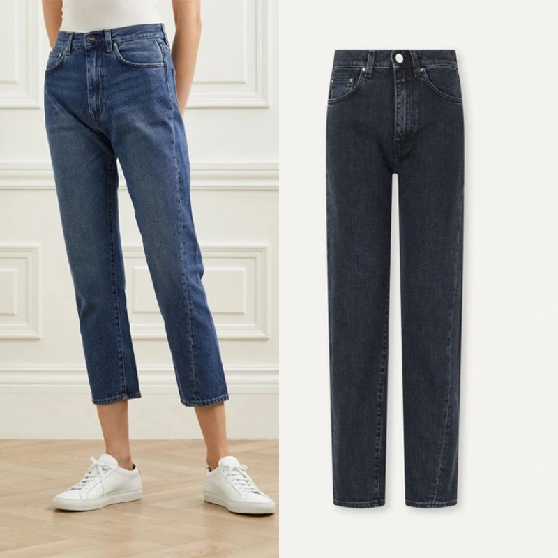 

Women Vintage High Waist Cropped Jeans Solid Color Zipper Fly fashion casual Ladies Twisted Seams Denim Trousers