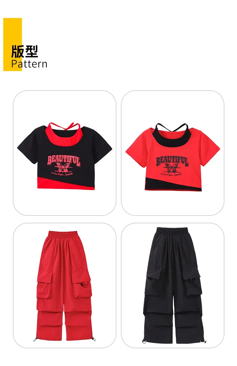 Kinder Jazz Hip Hop Tanzkostüm-Set, Mädchen Ärmelloses Crop-Top mit freiem Nabel, Haremshose, Kinder Bühnenauftritt Street Dance – Detail 5