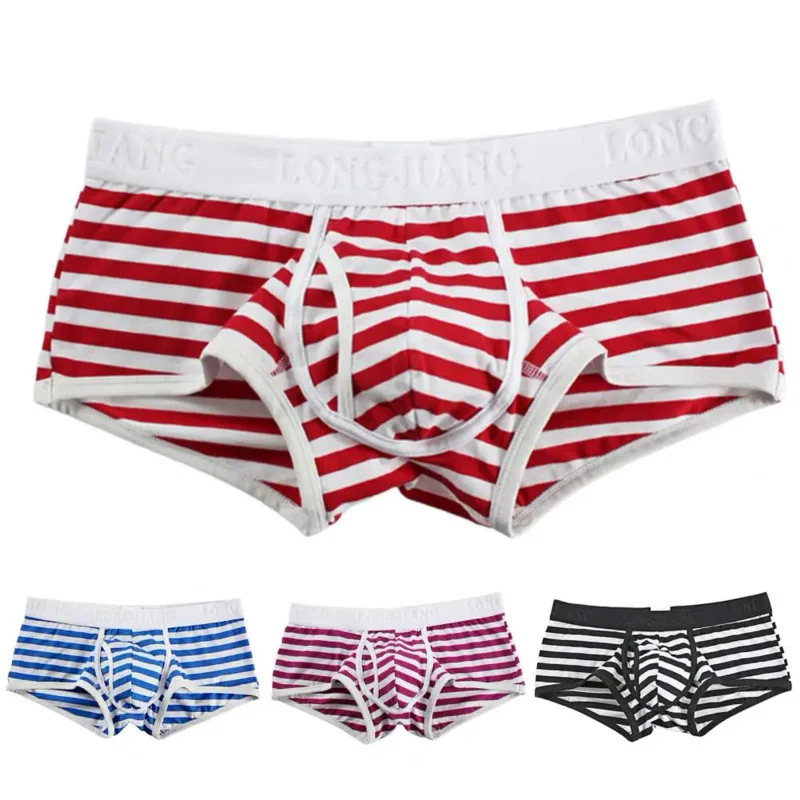 Men Boxer Stripe Side Opening Underwear Sexy Mid Rise Underpants For Bathroom