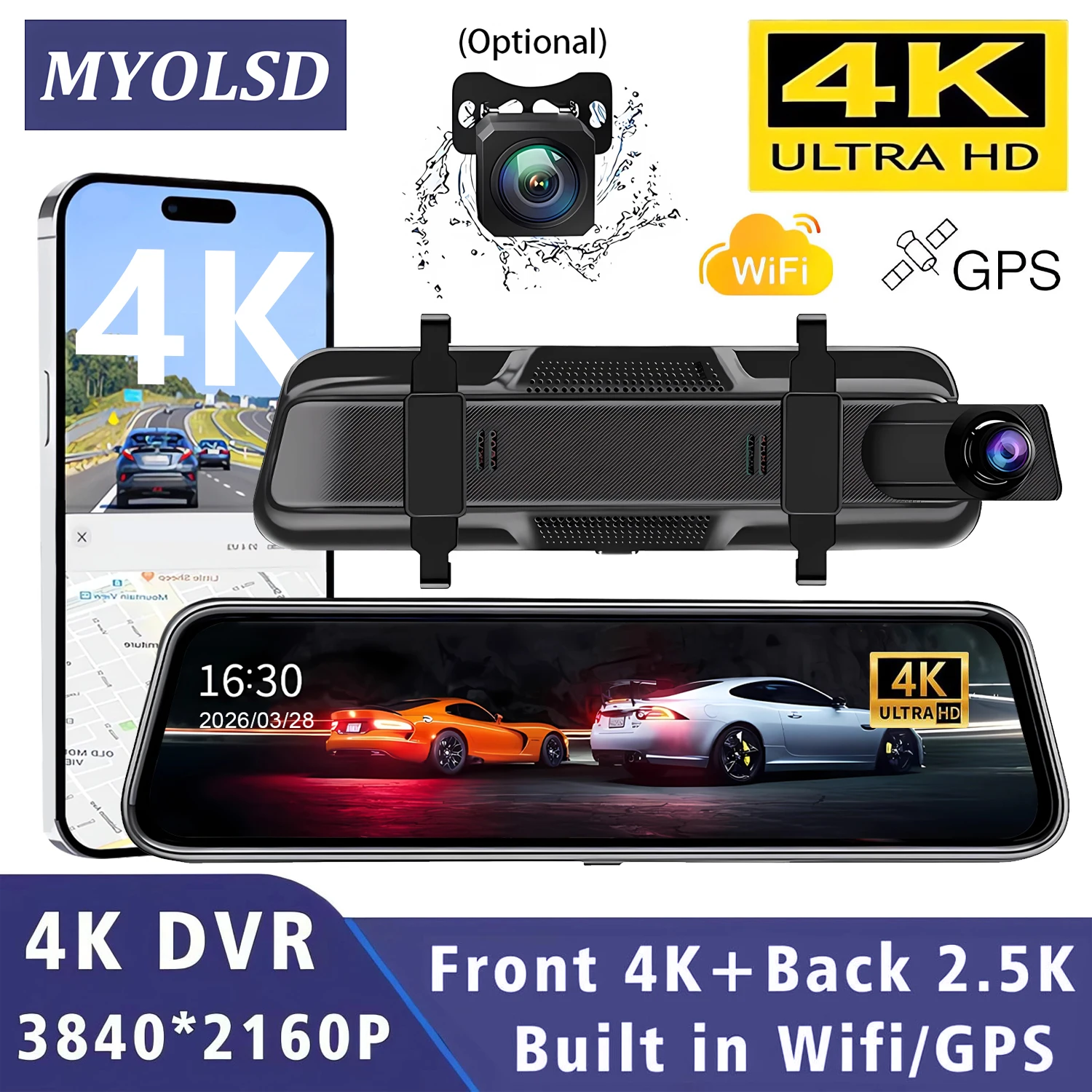 10 Inch 4K 3840*2160P Car Dvr Dash Cam Support Wifi GPS Dual Lens Dashcam Rear View Mirror Video Drive Recorder Camera Registrar
