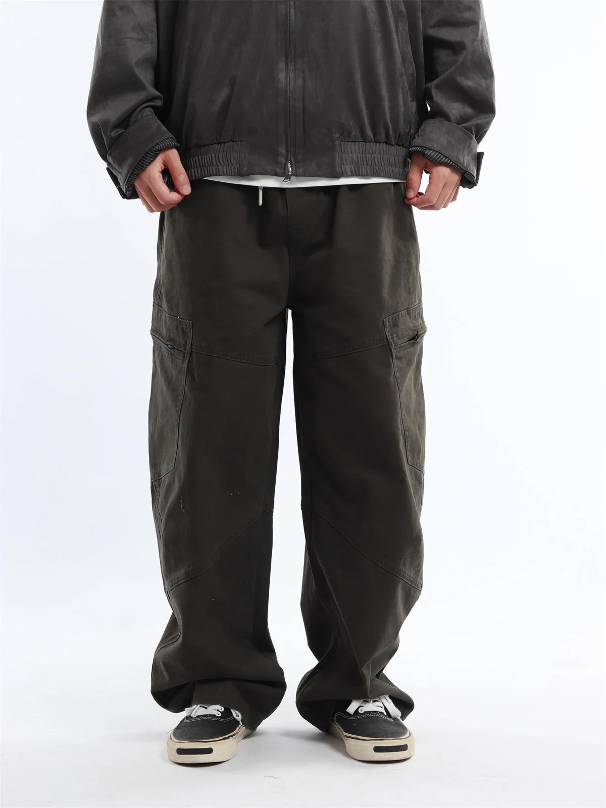 Vintage Washed Loose Men's Casual Pants French Work Blue Side Pocket Straight Leg Long Trousers Autumn Cotton High Waist