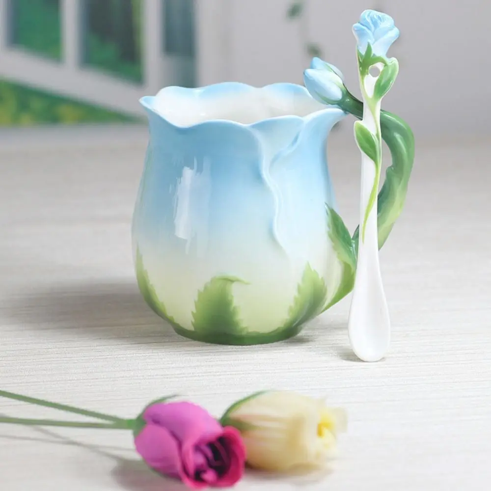 with Spoon 3D Rose Flower Coffee Mug Rose Shape Comfortable Handle Creative Ceramic Water Cups Non-slip Realistic