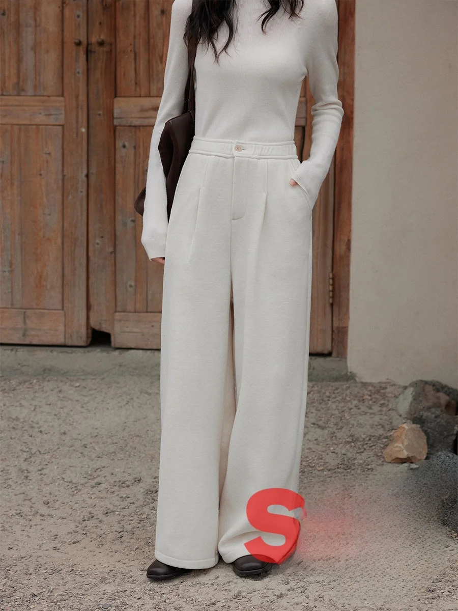 

Женские прямые брюки с высокой талией на флисовой подкладке, уникальные, маленьких размеров, бежевые, в корейском стиле, зимние, модные