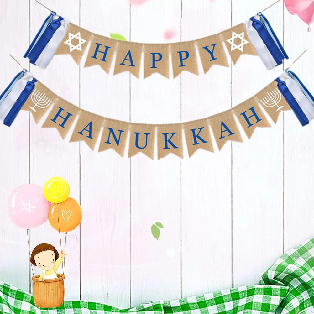 

Happy Hanukkah Swallowtail Banner Tassel Pull Flag Linen Party Decoration for Mantle Fireplace Stand Holiday Decor Photo