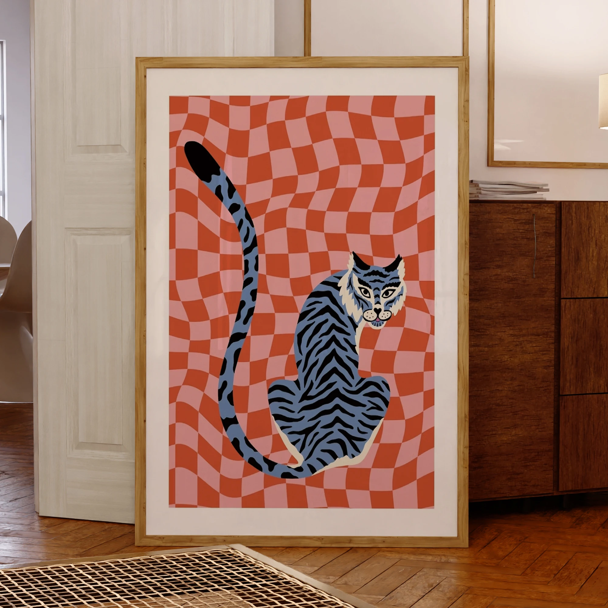 Tiger auf rot kariertem Muster Wand Kunstdrucke Leinwand Malerei Poster Bild für Wohnzimmer Schlafzimmer Home Decor