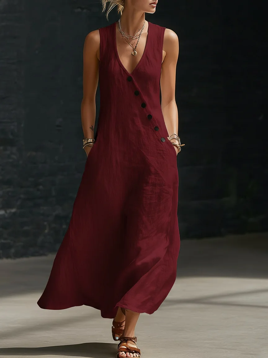 2026 Sommer Damen Baumwoll-Leinen A-Linien-Maxikleid mit V-Ausschnitt, ärmellos, asymmetrisch, Knopfleiste, Westenkleid, locker geschnitten, lässig, für den Urlaub am Strand – Detail 8