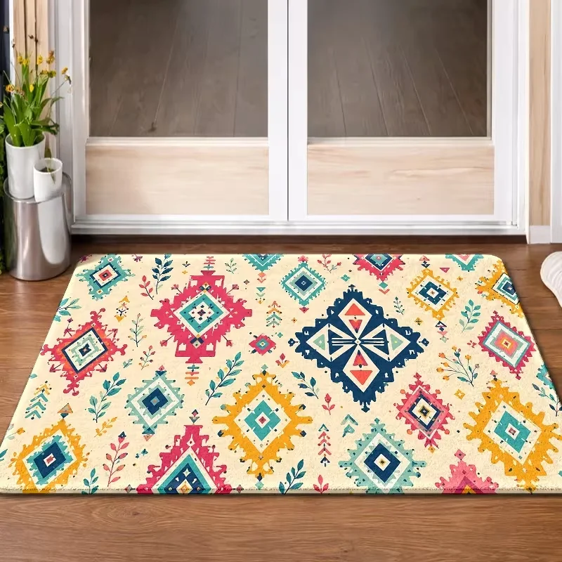 Boho Colorful Geometric Diamond Floral Door Mat Non Slip Indoor Entrance Rug Ethnic Aztec Pattern Doormat for Hallway