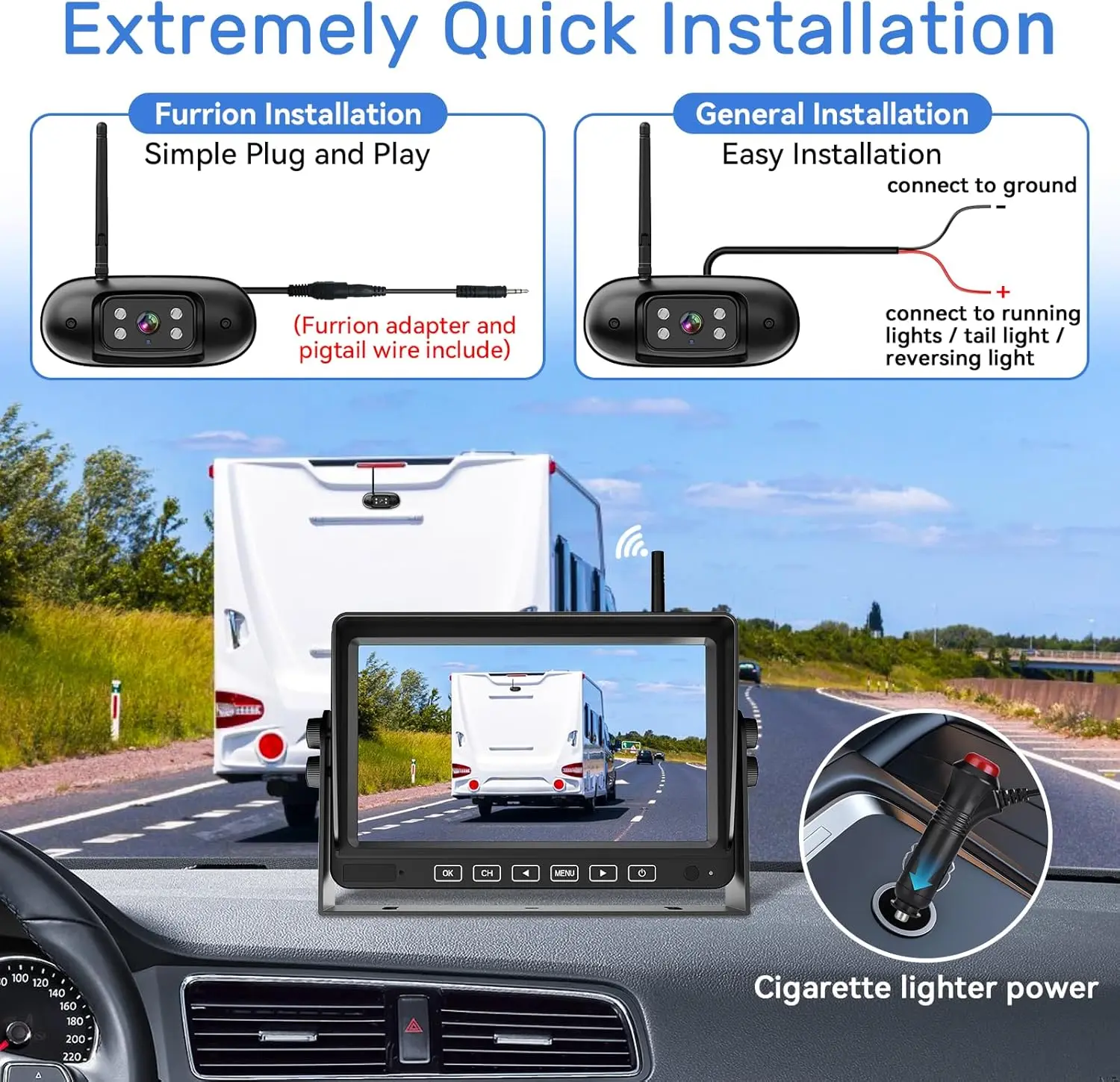 1080P HD Night View Wireless Backup Camera RV Trailer IP69 Waterproof Easy Install 7-Inch Display 4-Channel Blind Spot 1 Year