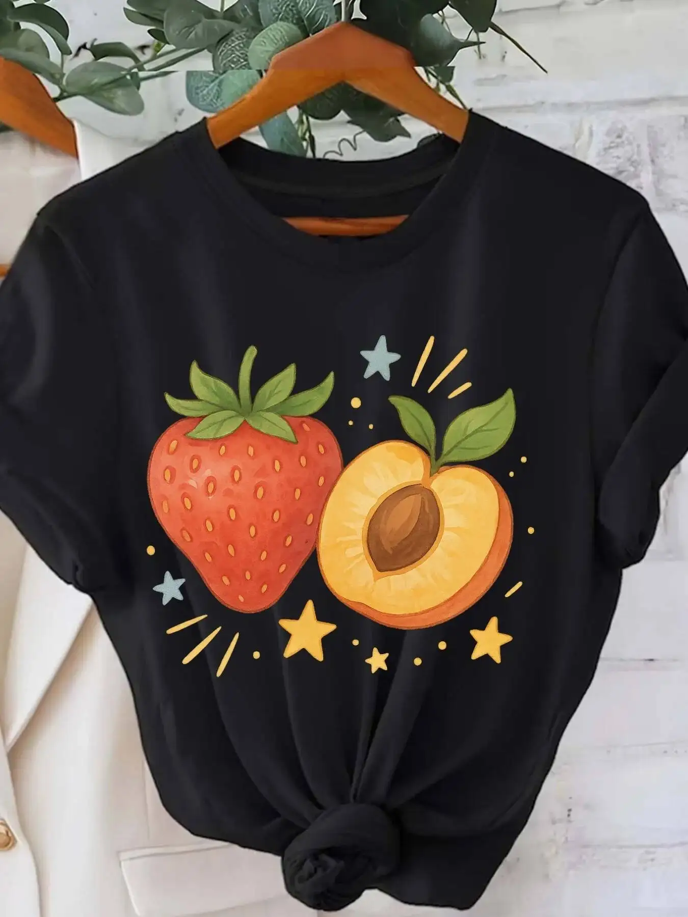 Women Y2K Style Strawberry Peach Star T-Shirt Casual Short Sleeve Round Neck Summer Top