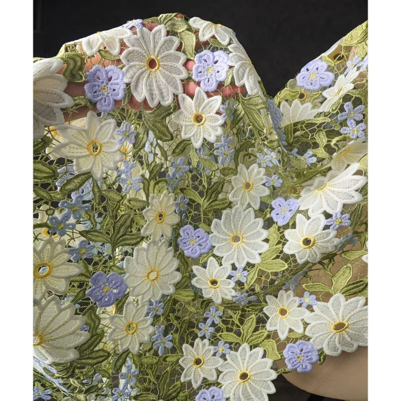 Green Flower Heavy Industry Embroidery Fabric Hollow Water Soluble Flower Hand Woven Dress Tablecloth Clothing Designer Fabric