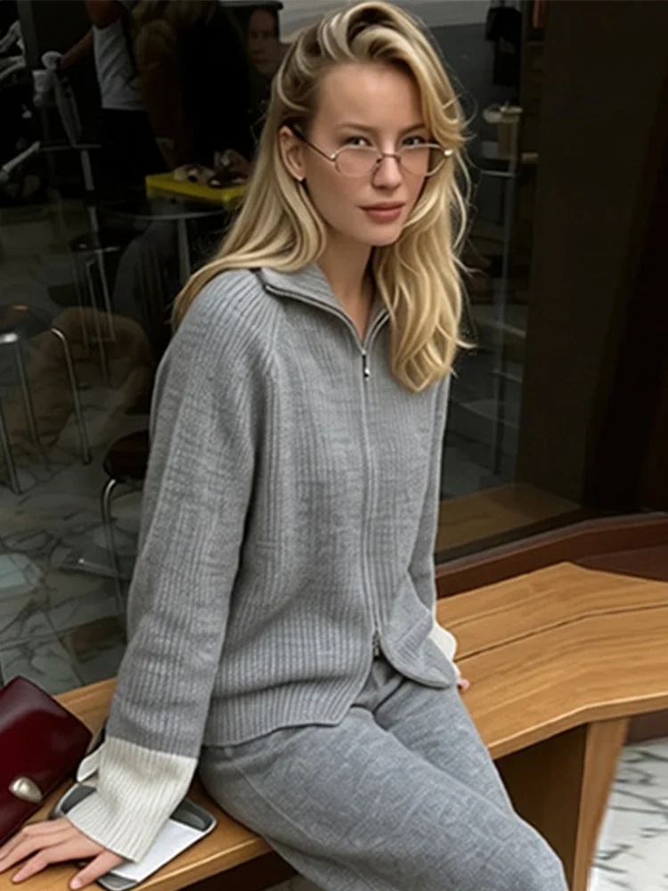 Zweiteiliges Damen-Strickset mit Cardigan und Hose, Reißverschluss-Oberteil mit Reverskragen, weit geschnittene Hose, gestricktes Set für den Alltag im Herbst – Detail 11