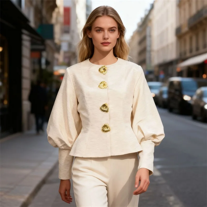 

Ivory Shiny Women Suit 1 Pcs Blazer Full Sleeves Gold Buttons Formal Wedding Guest Jacket Holiday Banquet Party Bridal Coat