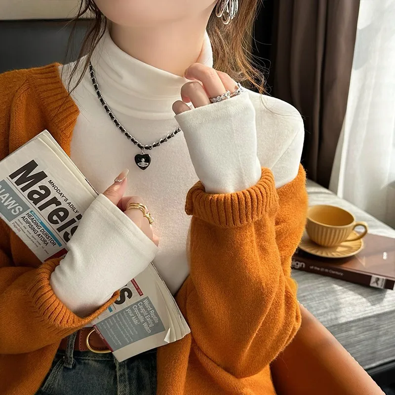High Neck Base Shirt for Women's Autumn and Winter High-end Feeling 2025 New Style Stacked Collar with Added Velvet and Thick Wa