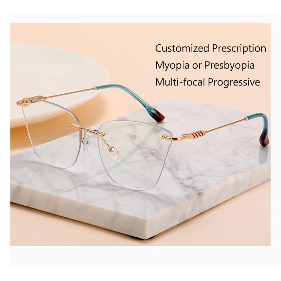 

Customized Prescription Glasses Women Rimless Multi-Focal Progressive Photochromic Anti-Blue Light Myopia Hyperopia Eyeglasses
