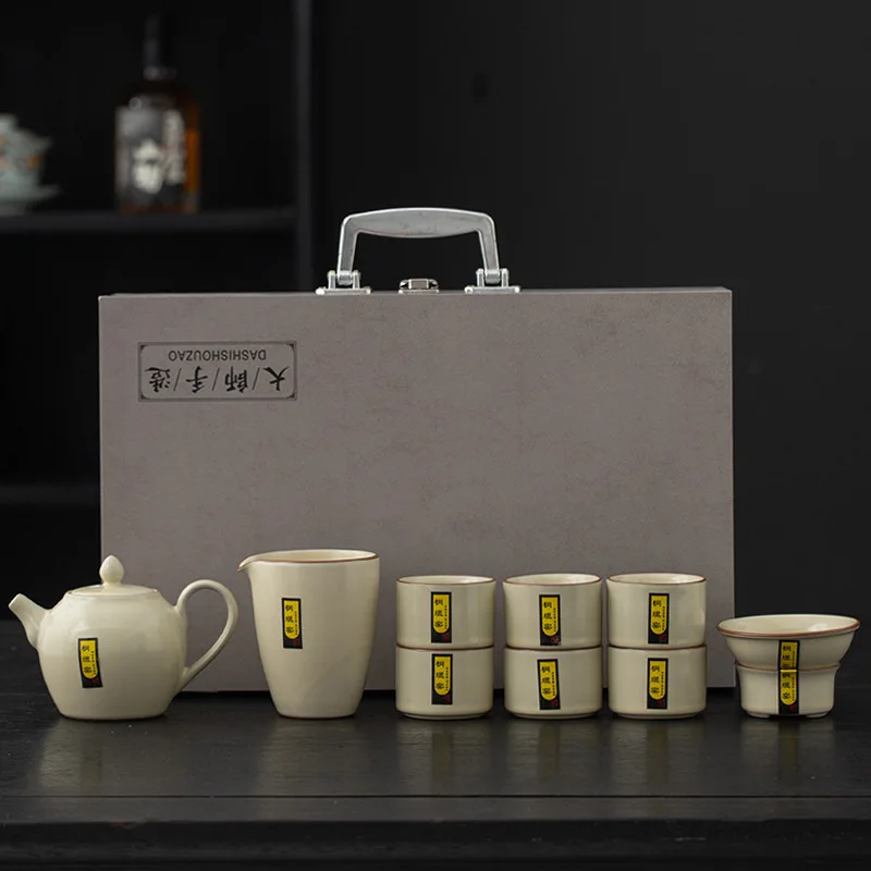 Ceramic Household Full Box Kung Fu Tea Ru Kiln Crackle Teapot Gaiwan Gift Set