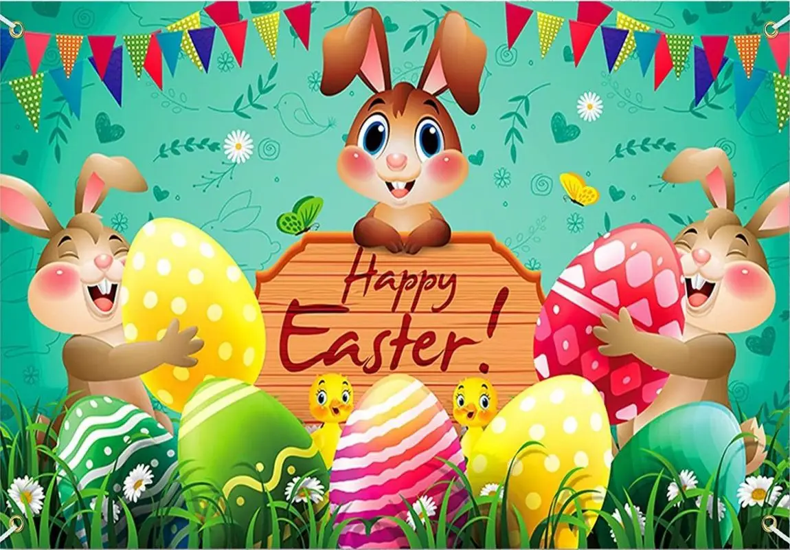 Happy Easter Photography Background Banner with Bunny Colorful Eggs for Easter Party Decorations Spring Birthday Decor Backdrop