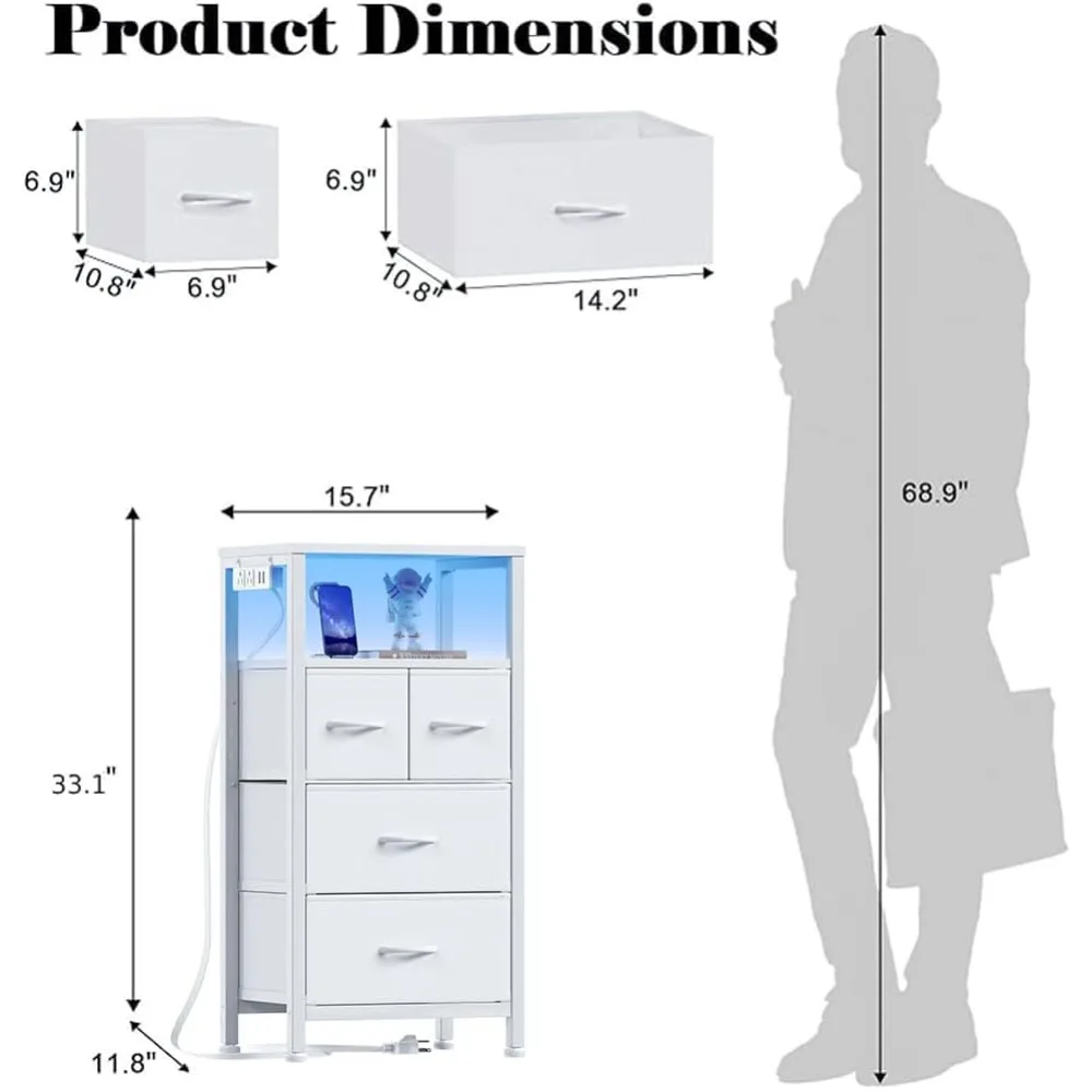 خزانة Furnulem ذات 4 أدراج مع ضوء LED ومحطة شحن، حامل ليلي أبيض مع رف تخزين وقماش ودرج PVC، 33 #3