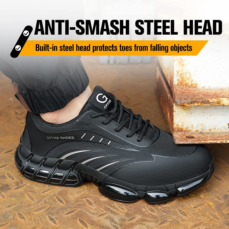 Schwarze Sicherheitsschuhe mit Stahlkappe, leichte Arbeitsschuhe für Damen und Herren, industrielle Sicherheitsstiefel, rutschfeste Arbeitsschuhe_voghion.com