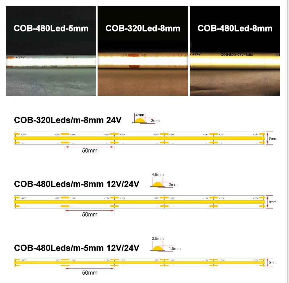 Tira de luces LED COB de alto brillo, barra de luz Flexible uniforme de densidad, blanco cálido para decoración del hogar, 4000K, 6500K, 12V, 24V, 8mm