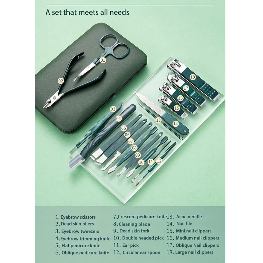 Nuevo Juego de cortaúñas de acero inoxidable, herramienta artística de manicura verde profesional, Kit de cuidado de uñas