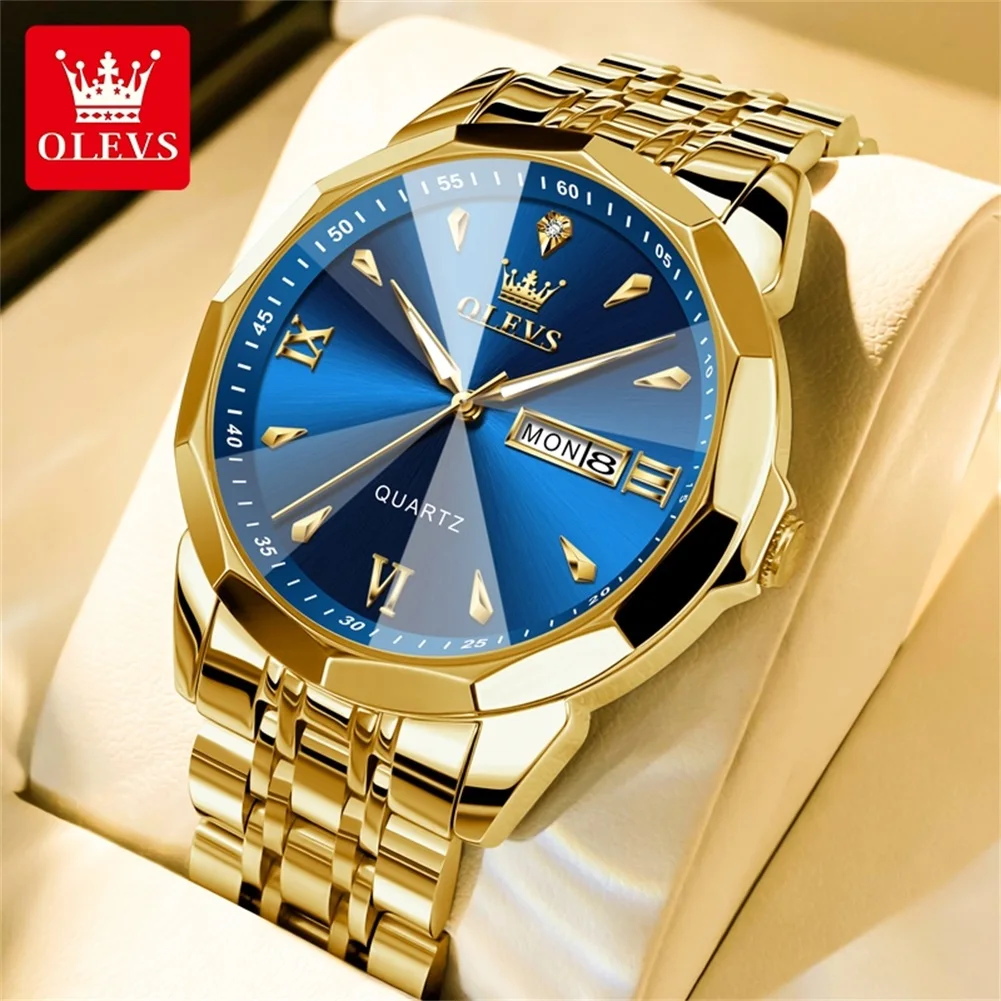 OLEVS 9998 Mens Watch 41MM Dial Day-Date Quartz Watches For Men Waterproof Stainless Steel Original Mens Clock 2026 New