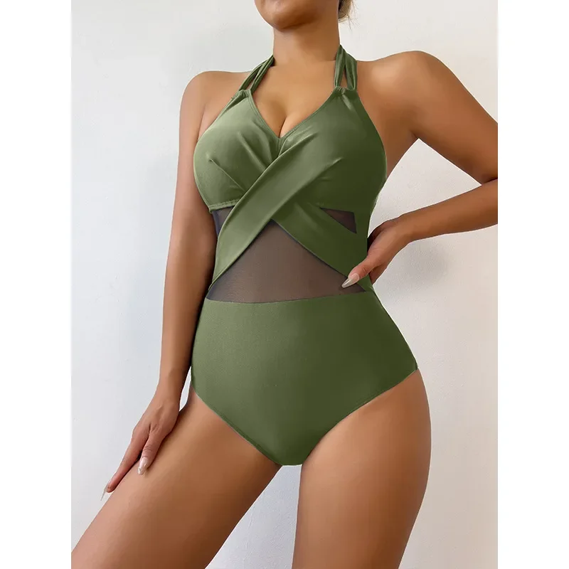New Summer Women's Fashionable and Sexy Solid Color Mesh One-piece Swimsuit Bikini