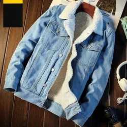 New 2024 Men's Warm Denim Jackets Winter Thick Fleece Jeans Jacket Male Lapel Button Casual Slim Outwear Windbreaker Cowboy Coat