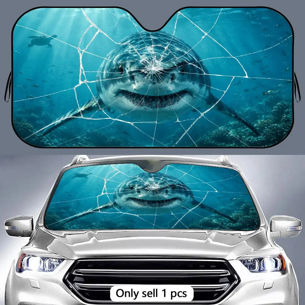 Shark Attack Sun Visor Aluminum Foil Windshield Sunshade with Reflective UV Block Heat Insulation Foldable Universal Fit