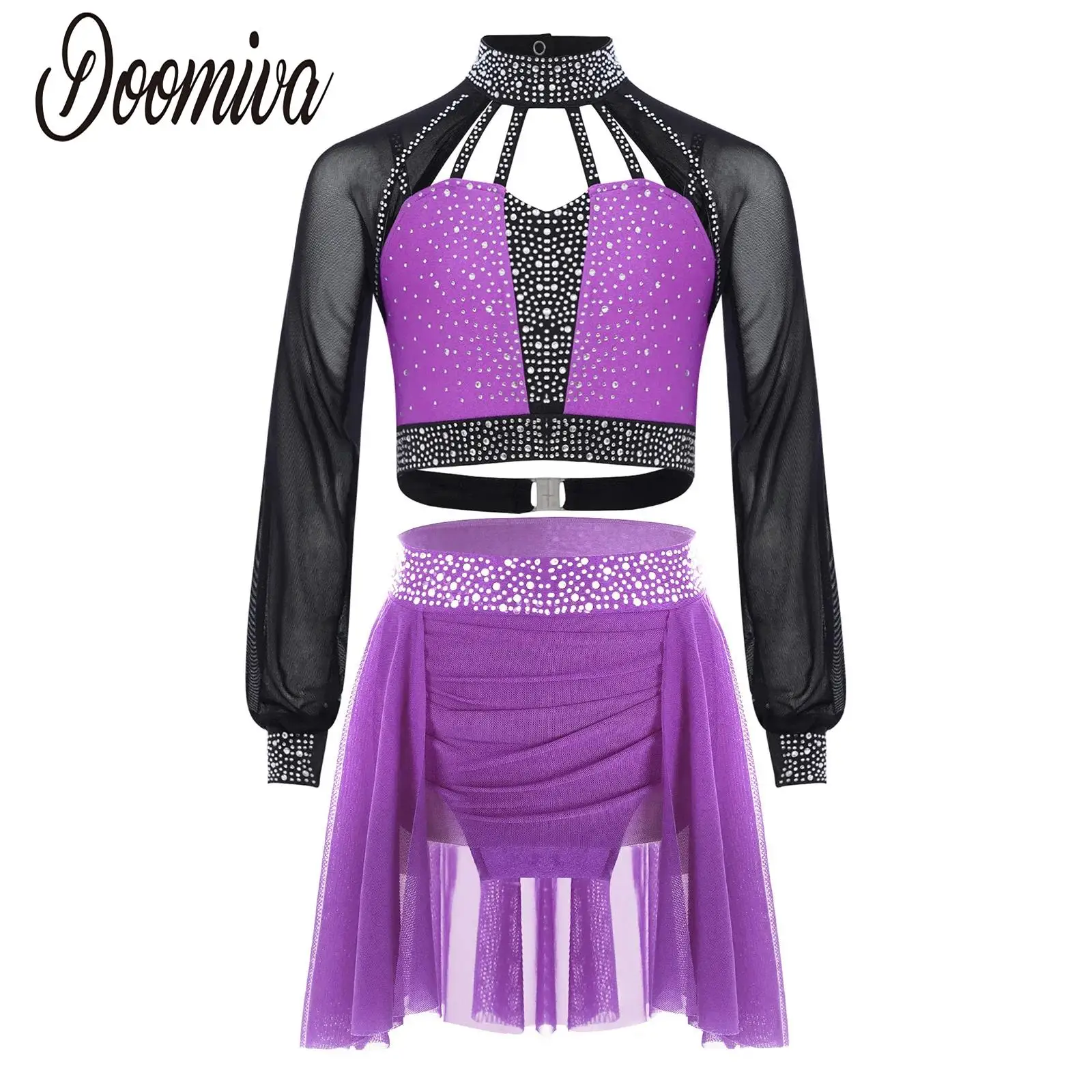 

Kids Girls Gymnastics Dance Figure Skating Costume Outfits Long Sleeves Cutout Back Rhinestones Crop Tops with Ruched Mesh Skirt