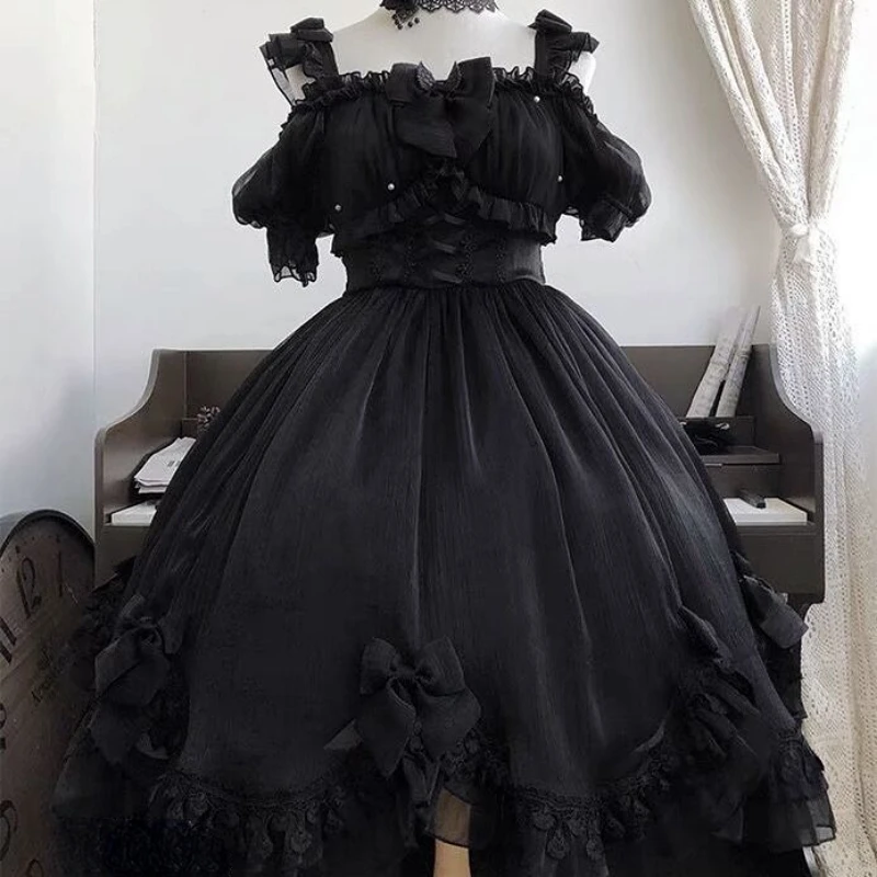 Japanischen Victorian Gothic Lolita Kleid Frauen Schwarz Weiß Elegante Backless Fee Kleider Girly Kawaii Süße Cosplay Mini Vestidos