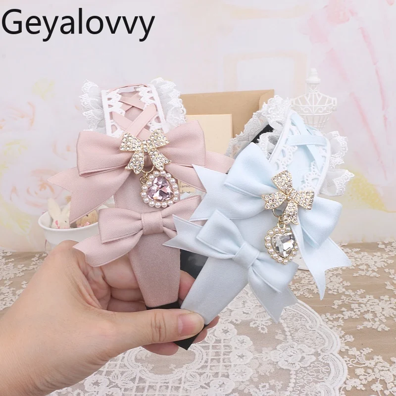 

Японский стиль, ручной работы, тяжелый бант, стразы, кулон в форме сердца, аксессуары для волос, милые милые девушки, кружевная повязка на голову в стиле Лолиты